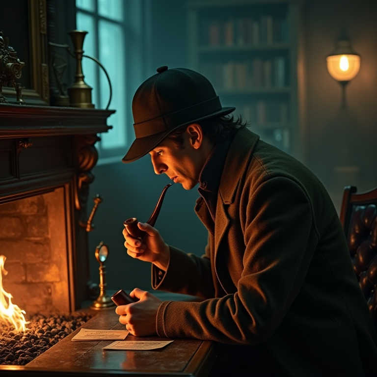 The Note on the Doorstep: Holmes examines two calling cards in the hearth ashes