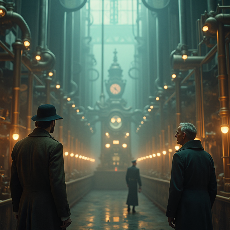 The Ghost in the Machine: two claimants in a vast steampunk machine hall